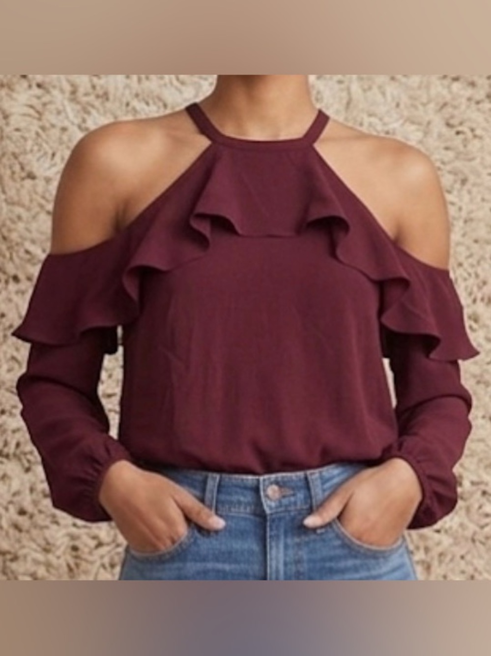 Michael Kors Burgundy Women’s Long Sleeve Cold-Shoulder Ruffle Blouse Size M